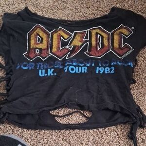AC/DC Black Crop Tee with Red-Yellow Logo and Blue Tour Text